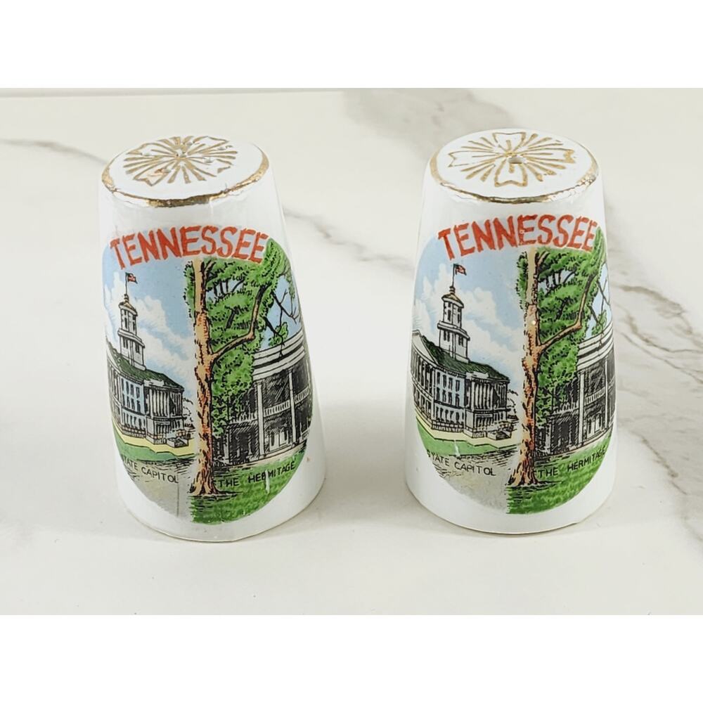 Salt & Pepper Shakers Tennessee Souvenir 80s Porcelain 3" Gold Trim Kenmar Japan
